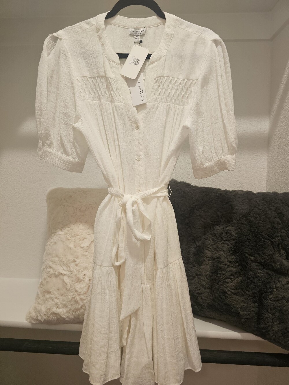 Current Air Cream Button-Front Tie-Waist Midi Dress
